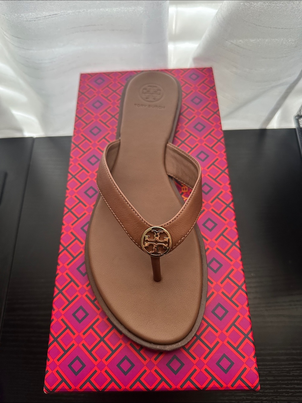 Tory Burch Brown Leather Thong Sandal with Logo Medallion Accent